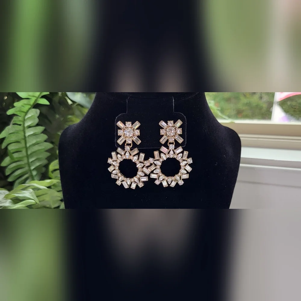 Rhinestone Circle Drop Statement Earrings / Pierced
